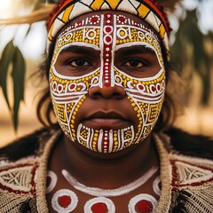 Indigenous person displays intricate traditional face and body paint in a  portrait