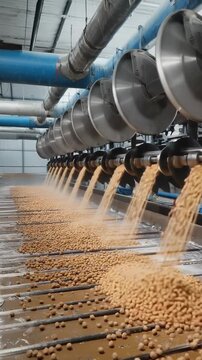 In a large factory hall, rotating steel blades cut bioplastic strands into uniform pellets. The pellets fall quickly into a cooling tray. Overhead pipes are visible