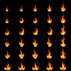 Sequence of stylized flame iterations displaying progressive animation stages against a dark background