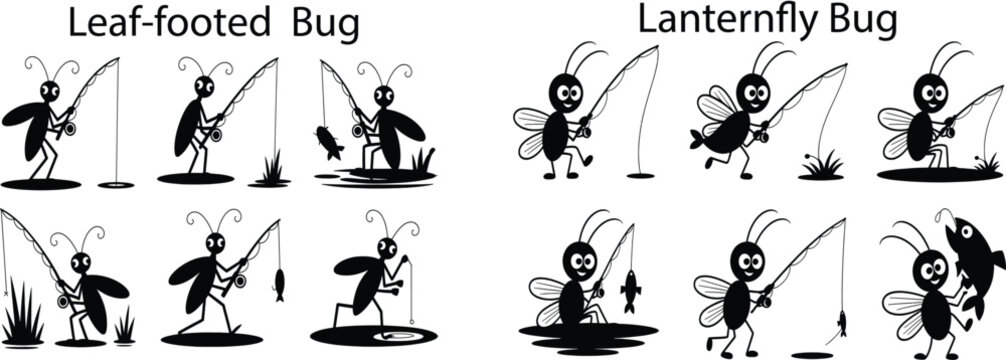 Leaf footed bug and lanternfly bug fishing for fish