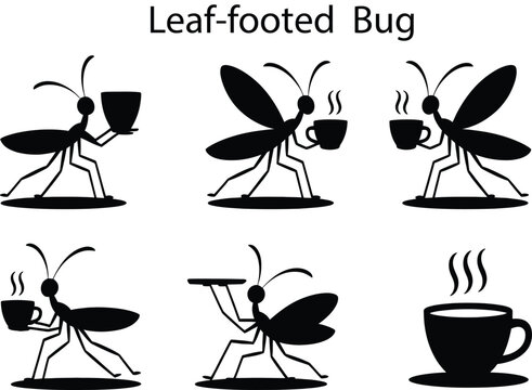 Silhouette bugs holding cups and tray insect black