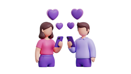 Couple Connected by Phones and Hearts