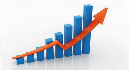 Increasing blue bar chart demonstrates upward trending performance with a prominent orange arrow