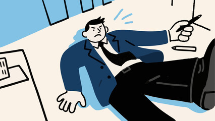 A simple illustration of a depressed businessman. Worries. Stress. Job change. Career.