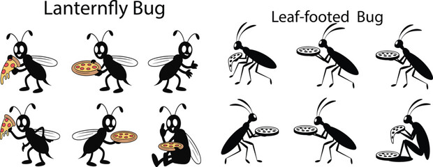 Fototapeta premium Cartoon lanternfly and leaf footed bugs holding and eating pizza