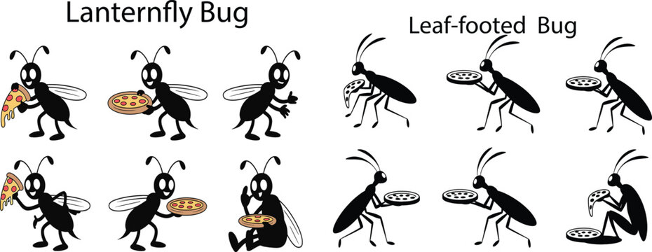Cartoon lanternfly and leaf footed bugs holding and eating pizza