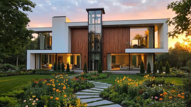 Luxury modern home exterior with glass elevator and vibrant flower garden at sunset