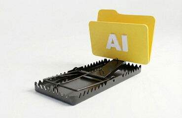 Yellow file with the letters AI on it is placed inside an open black mouse trap.