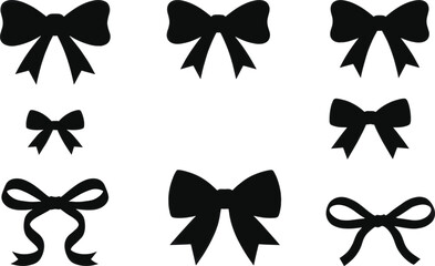 Black ribbon bow icon set with elegant silhouettes isolated on white background minimalist vector decoration collection gift design symbols