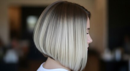 Young woman displays sharply angled blonde bob hairstyle in profile view