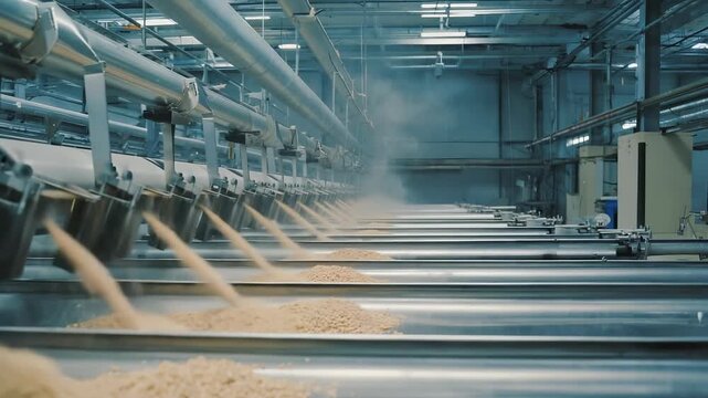 Rotating blades slice bioplastic strands into uniform pellets that fall rapidly into a cooling tray. The setup shows a large factory hall with overhead pipes and equipment