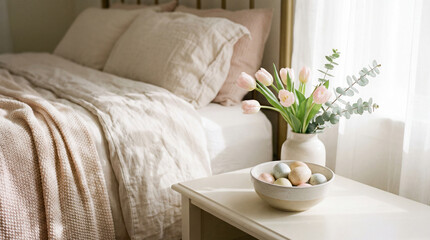 Cozy bedroom with tulips and pastel decorative eggs