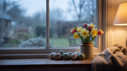 Spring flowers and eggs on a windowsill on a rainy day