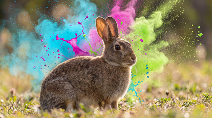 Wild rabbit standing in grass with vibrant colorful powder clouds