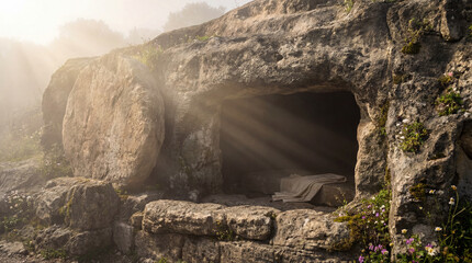 Empty ancient rock tomb with bright morning light