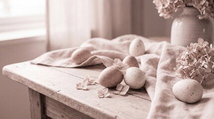Speckled eggs and dried flowers adorn a rustic table with linen