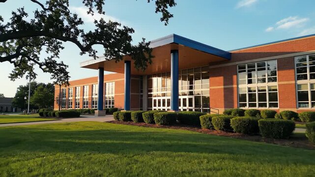 Exterior view of a modern brick school building entrance with large windows, blue columns, and a large oak tree in the foreground during golden hour