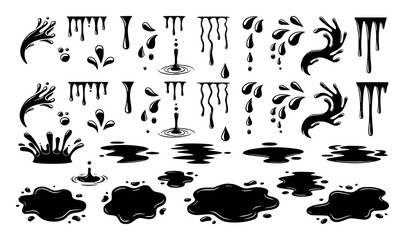 Black liquid splashes drips and puddles set white