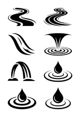 Black stylized water flow and droplet white ripple wave