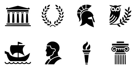 Collection of ancient Greek symbols including temple owl helmet ship bust torch column