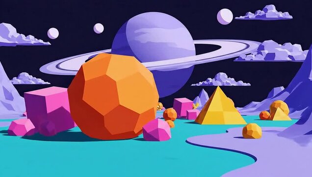 Surreal Low Poly Landscape with Planet and Geometric Shapes.