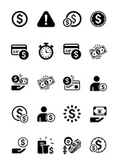 Collection of black and white representing financial transactions and concepts dollar