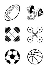 Collection of black and white sports balls and weightlifting equipment american football