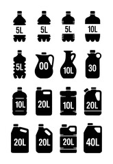 Collection of black depicting various liquid containers with volume labels bottle canister
