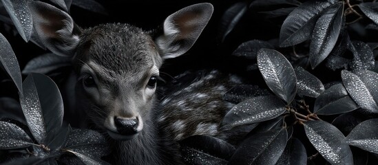 Obraz premium A Fawn Hiding Among Dark Leaves.
