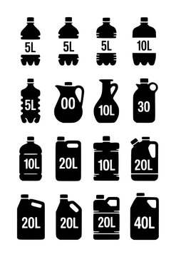 Collection of black depicting various liquid containers with volume labels bottle canister
