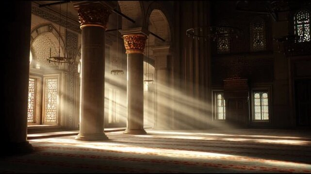 Dramatic sunbeams illuminate ancient pillars and arches in a grand abandoned cathedral interior with cinematic cinematography