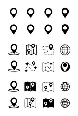 Collection of black location pin map and globe symbols white