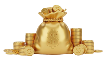 Gold Money Bag with Dollar Sign and Coin Stacks