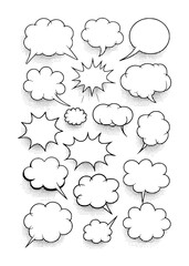 Collection of comic book speech bubbles and thought bubbles with halftone dots talk