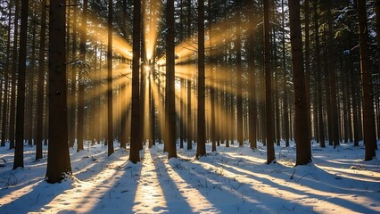 Fototapeta premium Snowy forest with sun rays shining through trees winter