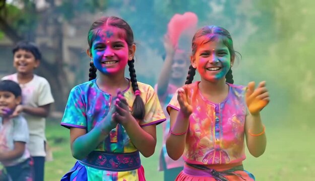 Watercolor illustration for the holi or dolyatra with two joyful children with their faces and clothes covered in vibrant colors.