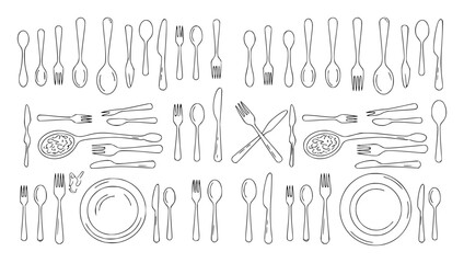 Collection of hand drawn line cutlery and plates in various arrangements spoon fork