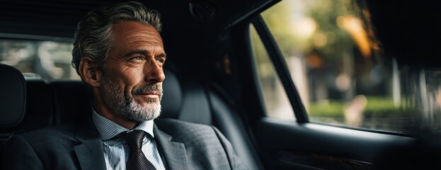 Thoughtful senior businessman in suit sitting in car during daytime