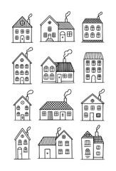 Hand drawn black and white simple house with smoking chimneys home building