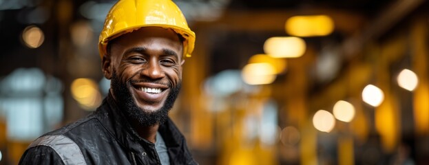 Smiling black man worker in yellow hard hat working in industrial factory  