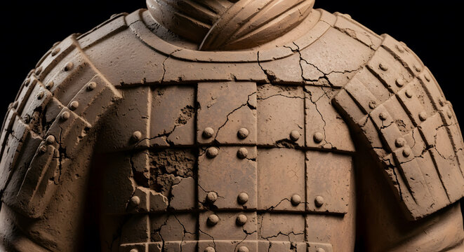 Close-up detail of cracked terracotta armor on an ancient Chines