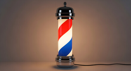 Illuminated barber pole with spiraling red, white, and blue stripes. A chrome top and base are present. The pole emits soft, warm light