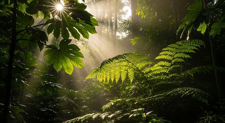 Bright sunbeams pierce through the dense, verdant foliage of a tropical forest canopy