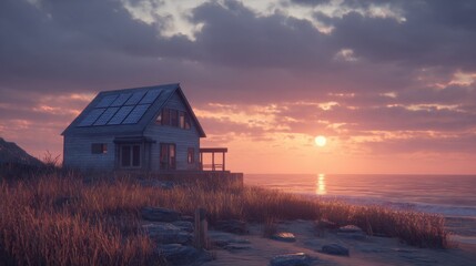 Cozy beach house at sunset with solar panels