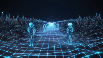 Metaverse virtual reality landscape, 3D blue wireframe grid environment with walking digital avatars and bright horizon for gaming and cyberspace concepts. - Powered by Adobe