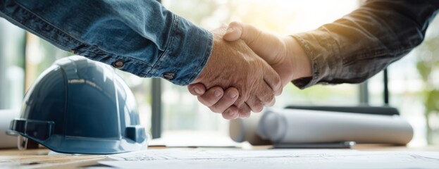 Construction workers shaking hands with a blue helmet and plans nearby