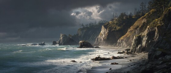 Dramatic coastal cliffs with stormy ocean waves