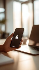 Hand holding smartphone with lock icon in modern office setting, vertical photo	