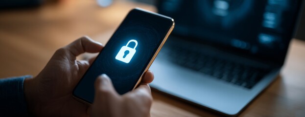 Man holding smartphone with lock icon on screen in office setting, online security concept