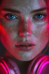 closeup of a beautiful woman with blue eyes wearing headphones, with pink and red lighting
